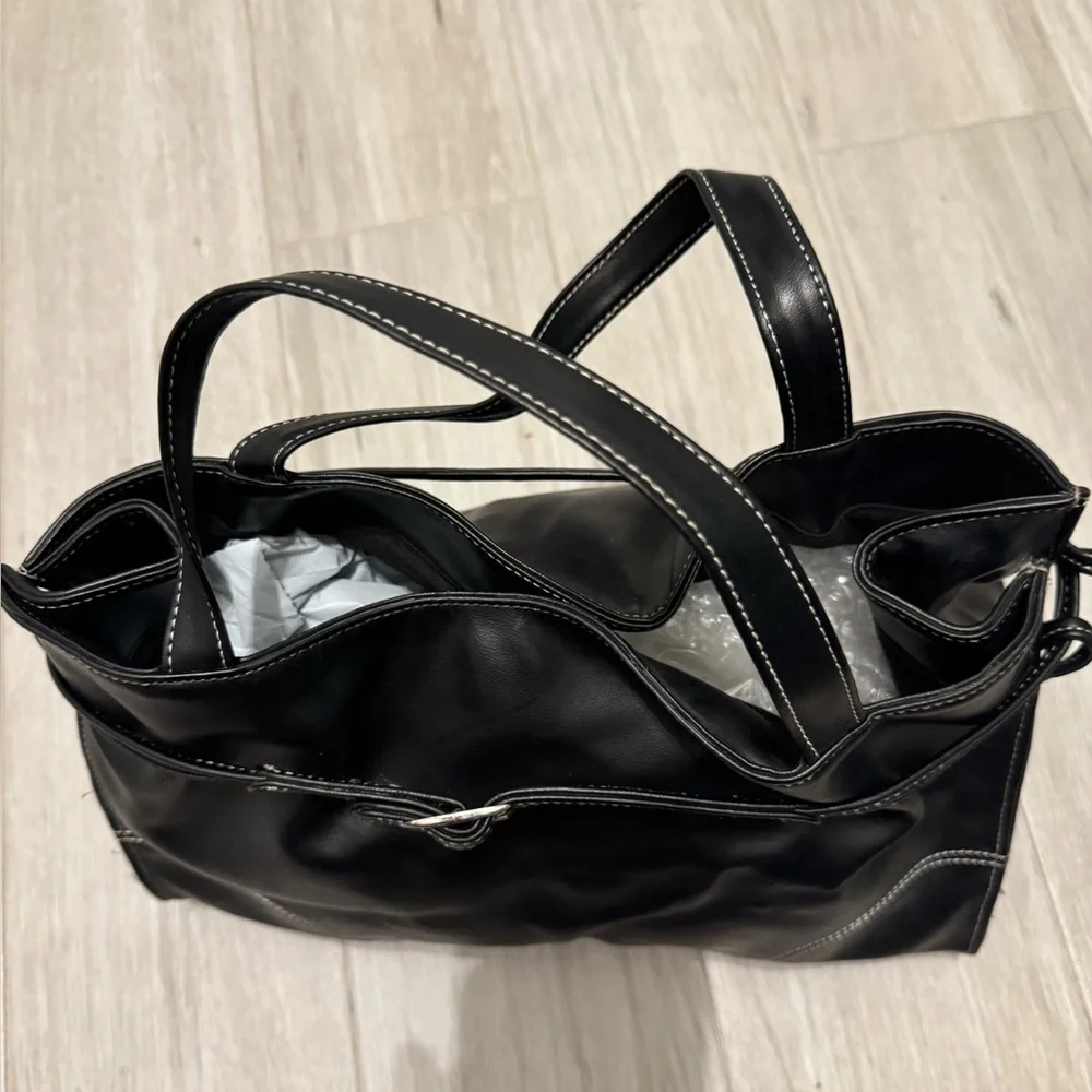 Black Top Handle Bag with White Stitching